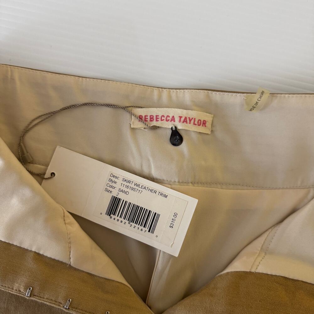 Rebecca Taylor Mini Skirt Sz 2 Sand Linen Lamb Leather Trim Geometric A-Line NWT - Picture 4 of 16